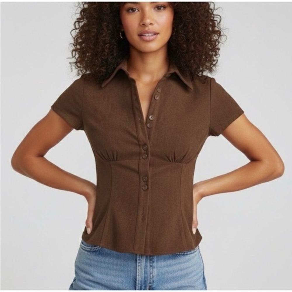 Princess Polly Brown Cottlesloe Cord Button Front Short Sleeve Blouse Top US 0